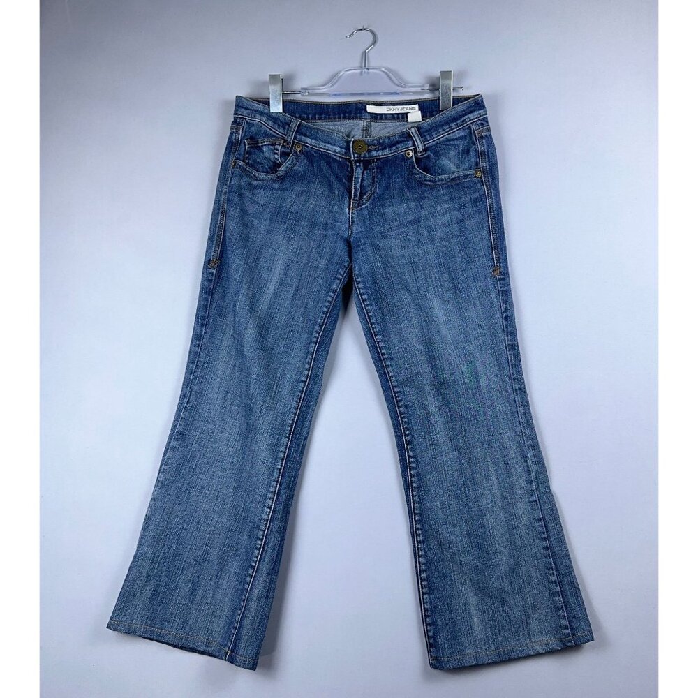 DKNY Flare Leg Jeans Womens Size 32 Petite low Rise Medium Wash Stretch Blue